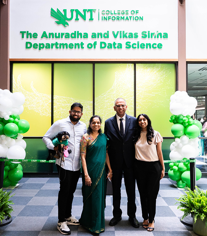 The Sinha family attends a celebration event honoring their commitment to UNT's College of Information and data science.