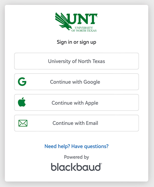 UNT Blackbaud ID portal sign up page screenshot